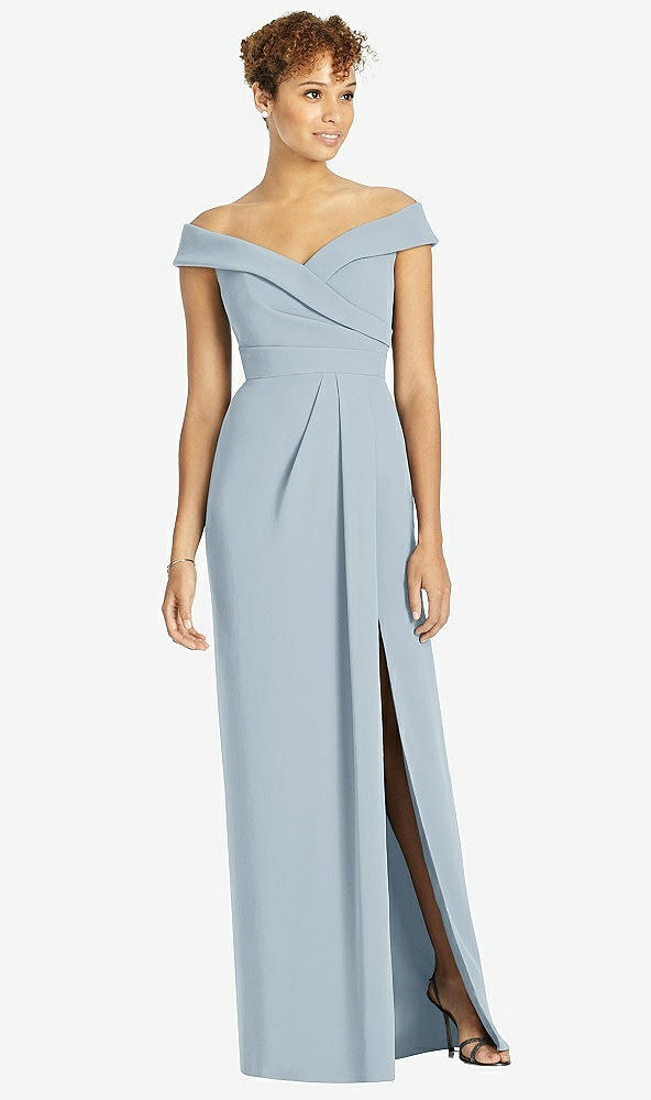 Front View - Mist Cuffed Off-the-Shoulder Faux Wrap Maxi Dress with Front Slit