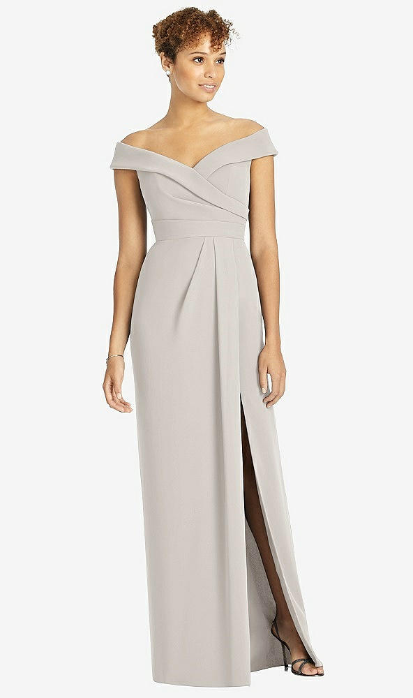 Front View - Oyster Cuffed Off-the-Shoulder Faux Wrap Maxi Dress with Front Slit