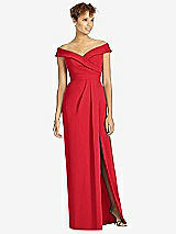 Front View Thumbnail - Parisian Red Cuffed Off-the-Shoulder Faux Wrap Maxi Dress with Front Slit