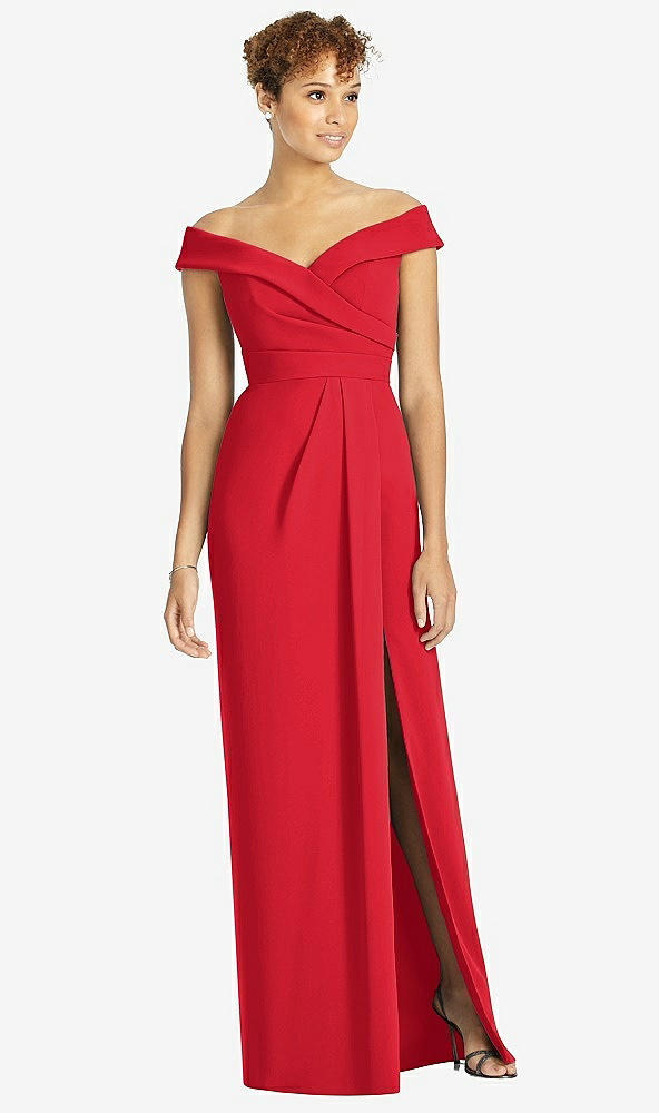 Front View - Parisian Red Cuffed Off-the-Shoulder Faux Wrap Maxi Dress with Front Slit