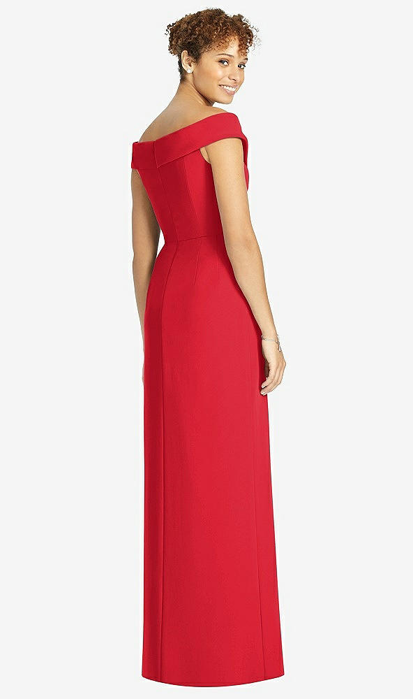 Back View - Parisian Red Cuffed Off-the-Shoulder Faux Wrap Maxi Dress with Front Slit