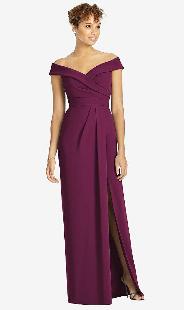 Front View - Ruby Cuffed Off-the-Shoulder Faux Wrap Maxi Dress with Front Slit