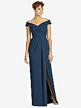 Front View Thumbnail - Sofia Blue Cuffed Off-the-Shoulder Faux Wrap Maxi Dress with Front Slit