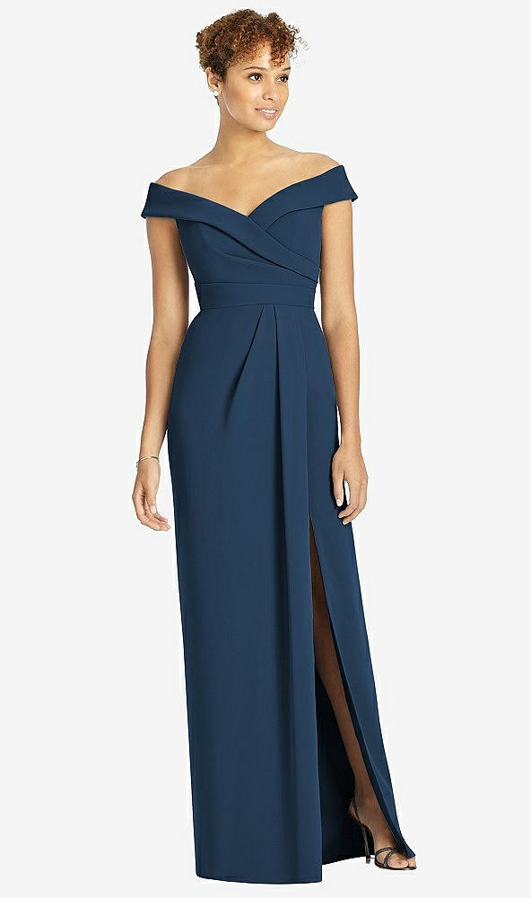 Front View - Sofia Blue Cuffed Off-the-Shoulder Faux Wrap Maxi Dress with Front Slit