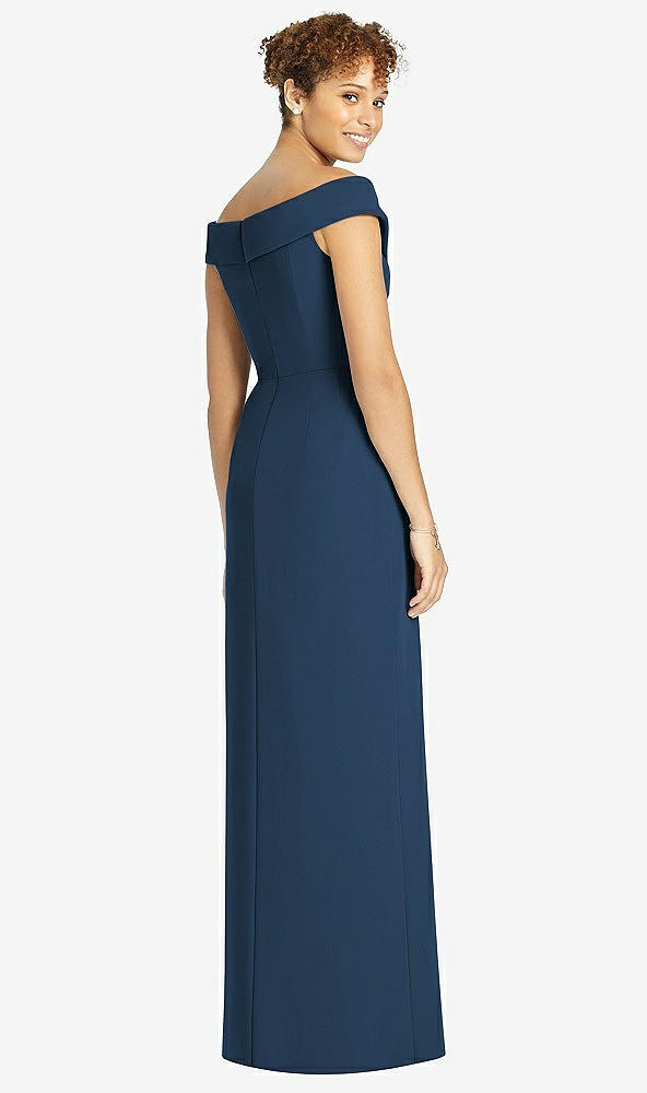 Back View - Sofia Blue Cuffed Off-the-Shoulder Faux Wrap Maxi Dress with Front Slit
