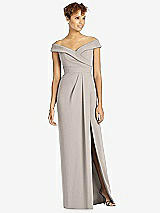 Front View Thumbnail - Taupe Cuffed Off-the-Shoulder Faux Wrap Maxi Dress with Front Slit