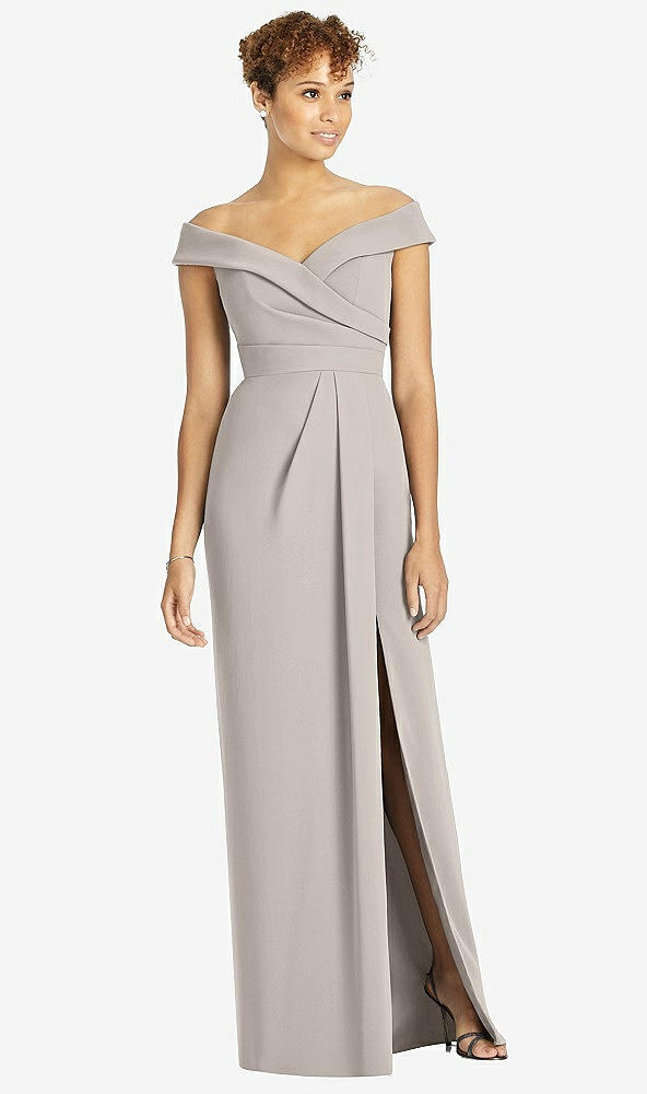 Front View - Taupe Cuffed Off-the-Shoulder Faux Wrap Maxi Dress with Front Slit