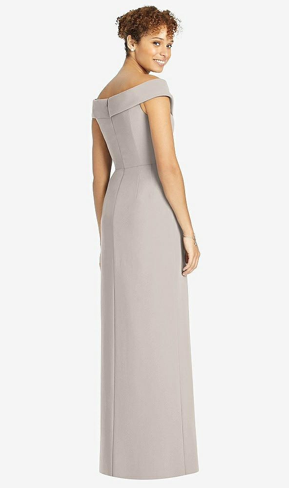 Back View - Taupe Cuffed Off-the-Shoulder Faux Wrap Maxi Dress with Front Slit