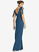 Rear View Thumbnail - Dusk Blue Bow-Shoulder Sleeveless Deep V-Back Mermaid Dress