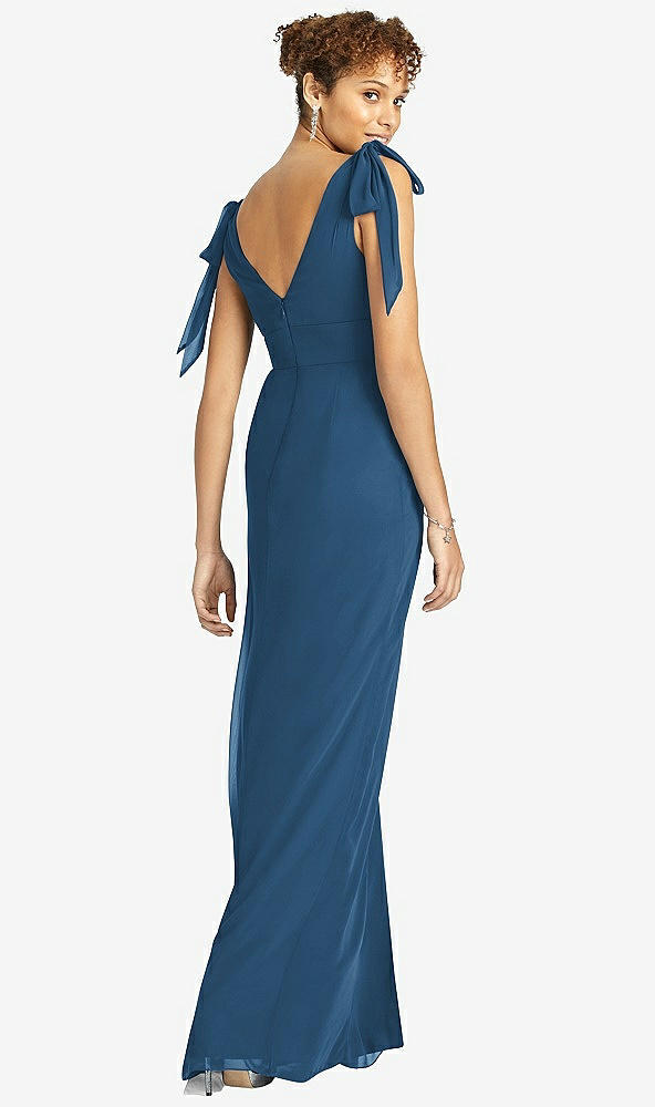 Back View - Dusk Blue Bow-Shoulder Sleeveless Deep V-Back Mermaid Dress