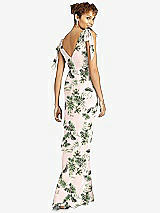 Rear View Thumbnail - Palm Beach Print Bow-Shoulder Sleeveless Deep V-Back Mermaid Dress