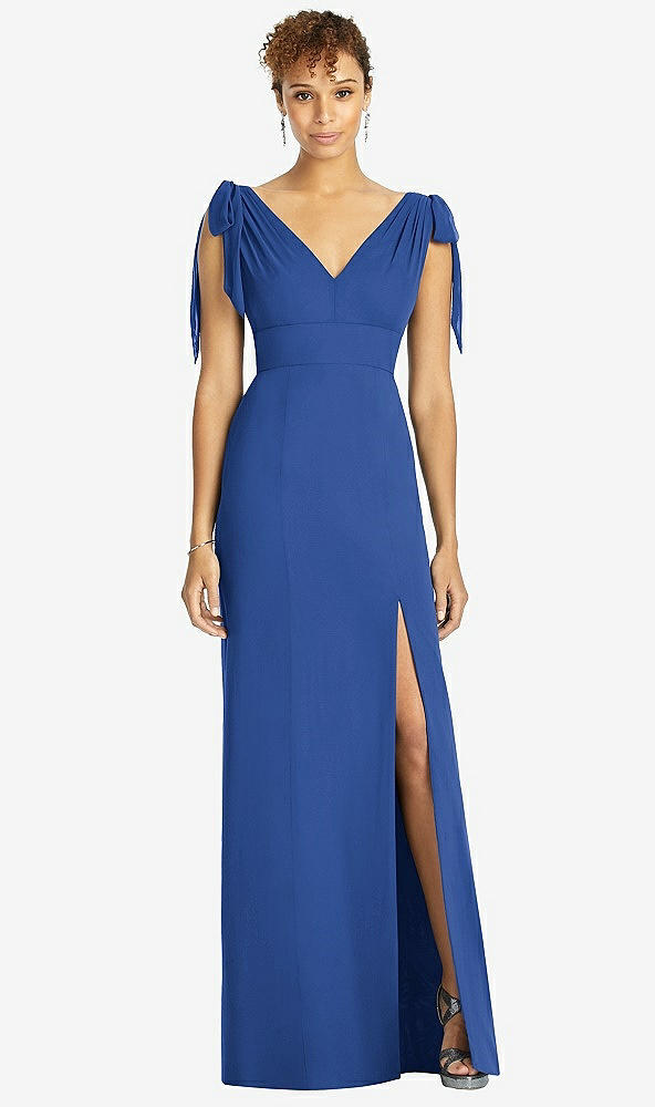 Front View - Classic Blue Bow-Shoulder Sleeveless Deep V-Back Mermaid Dress