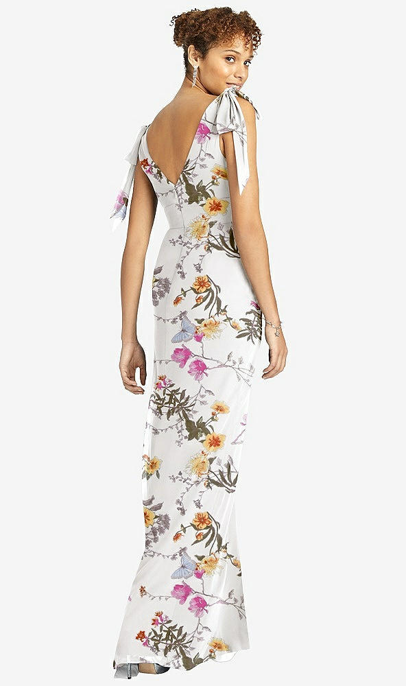 Back View - Butterfly Botanica Ivory Bow-Shoulder Sleeveless Deep V-Back Mermaid Dress