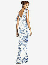 Rear View Thumbnail - Cottage Rose Dusk Blue Bow-Shoulder Sleeveless Deep V-Back Mermaid Dress