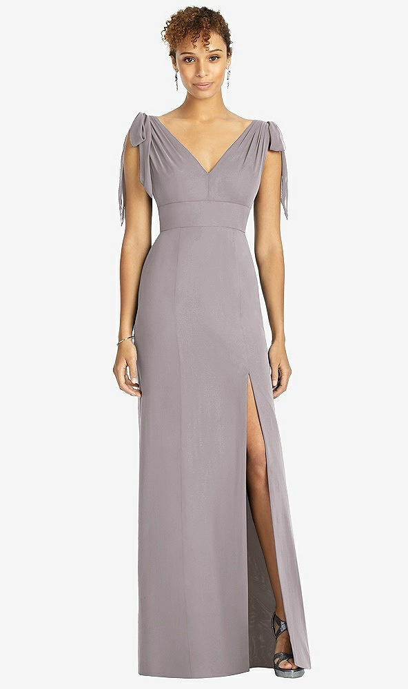 Front View - Cashmere Gray Bow-Shoulder Sleeveless Deep V-Back Mermaid Dress