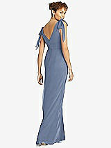 Rear View Thumbnail - Larkspur Blue Bow-Shoulder Sleeveless Deep V-Back Mermaid Dress