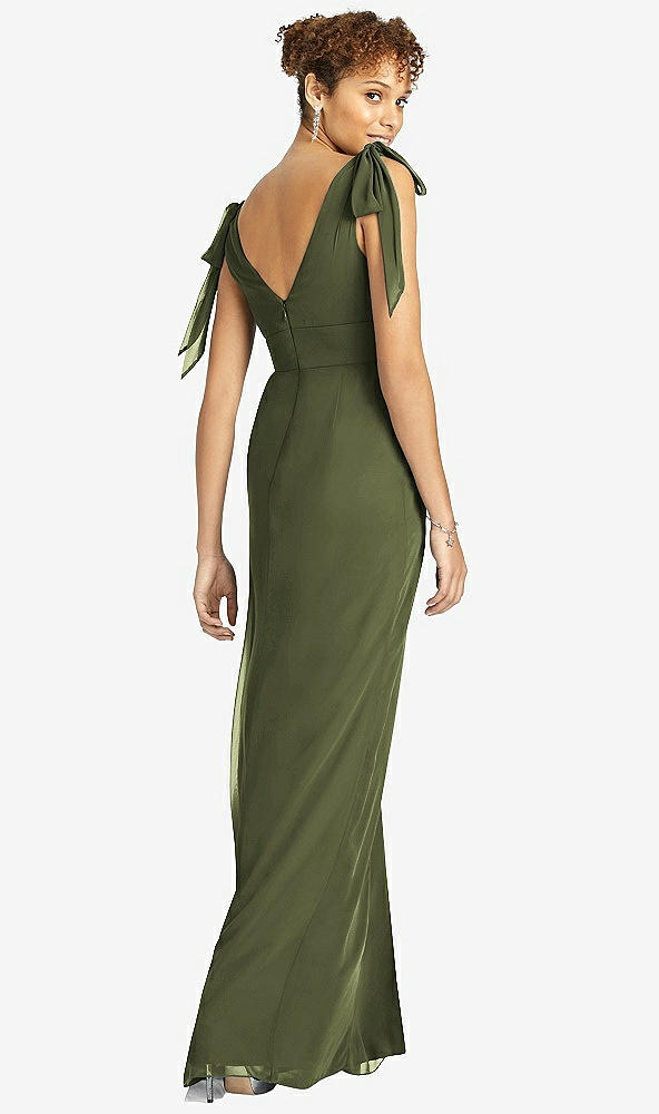 Back View - Olive Green Bow-Shoulder Sleeveless Deep V-Back Mermaid Dress