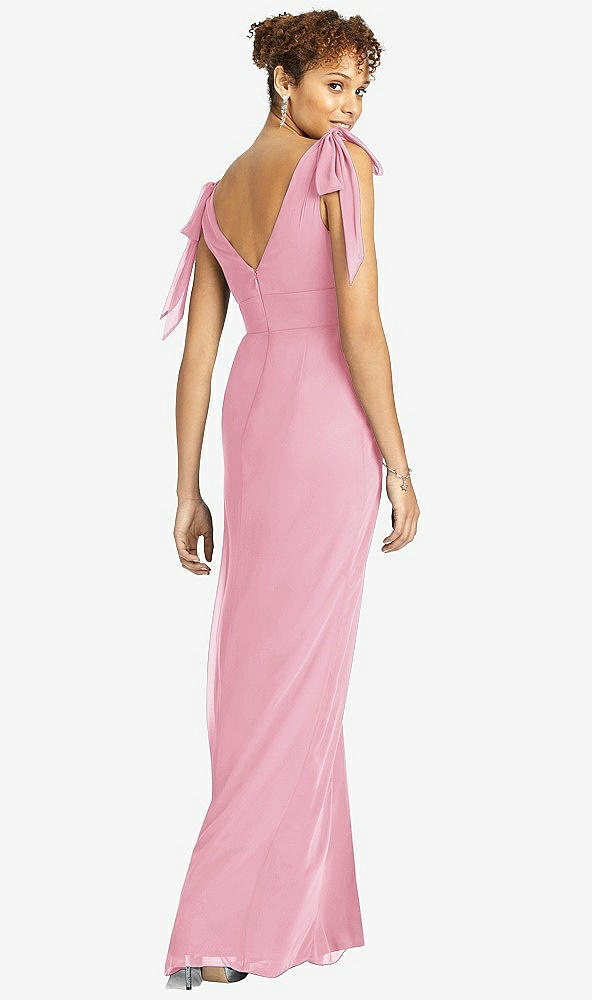 Back View - Peony Pink Bow-Shoulder Sleeveless Deep V-Back Mermaid Dress