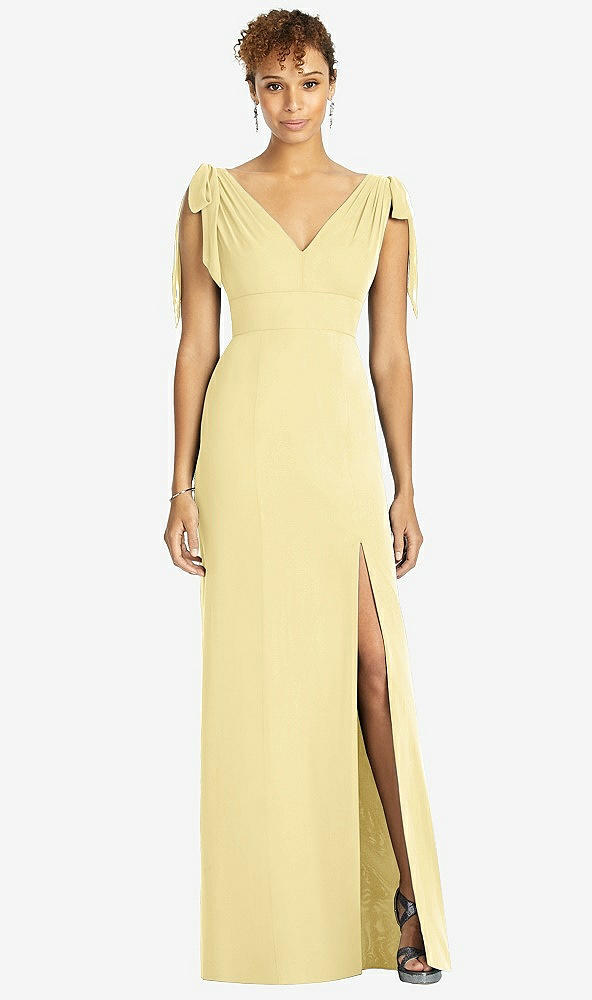 Front View - Pale Yellow Bow-Shoulder Sleeveless Deep V-Back Mermaid Dress