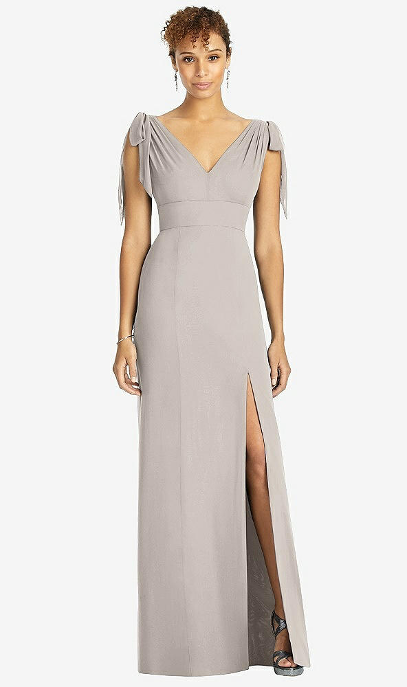 Front View - Taupe Bow-Shoulder Sleeveless Deep V-Back Mermaid Dress