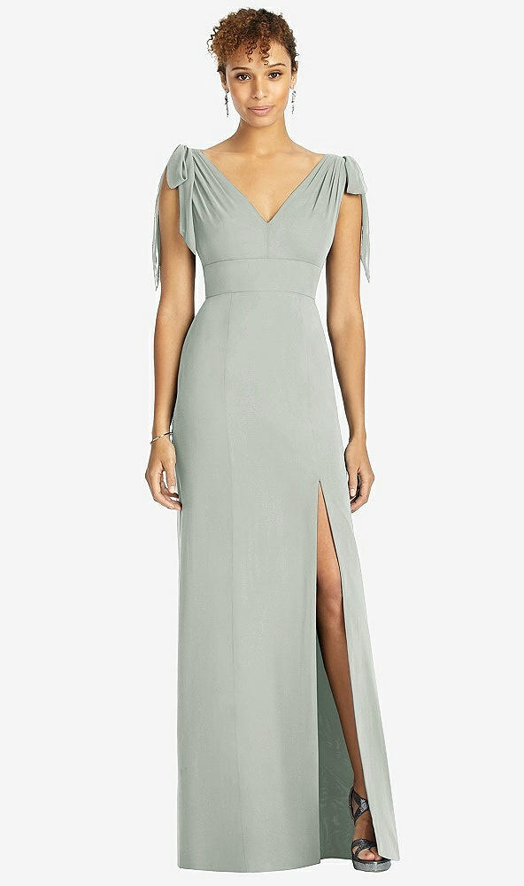 Front View - Willow Green Bow-Shoulder Sleeveless Deep V-Back Mermaid Dress