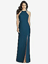 Front View Thumbnail - Atlantic Blue High-Neck Backless Crepe Trumpet Gown