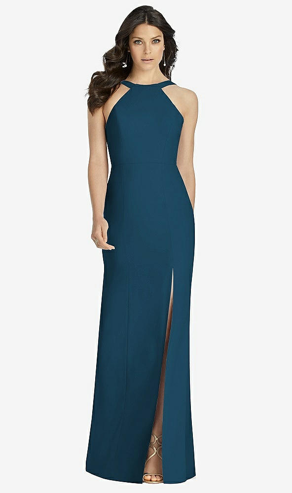 Front View - Atlantic Blue High-Neck Backless Crepe Trumpet Gown