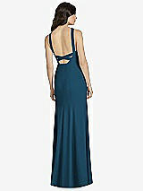 Rear View Thumbnail - Atlantic Blue High-Neck Backless Crepe Trumpet Gown