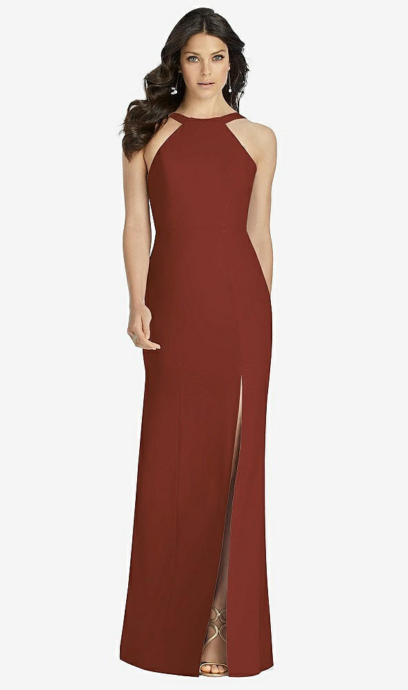 Front View - Auburn Moon High-Neck Backless Crepe Trumpet Gown