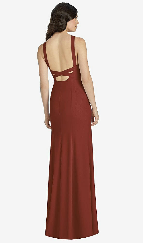 Back View - Auburn Moon High-Neck Backless Crepe Trumpet Gown