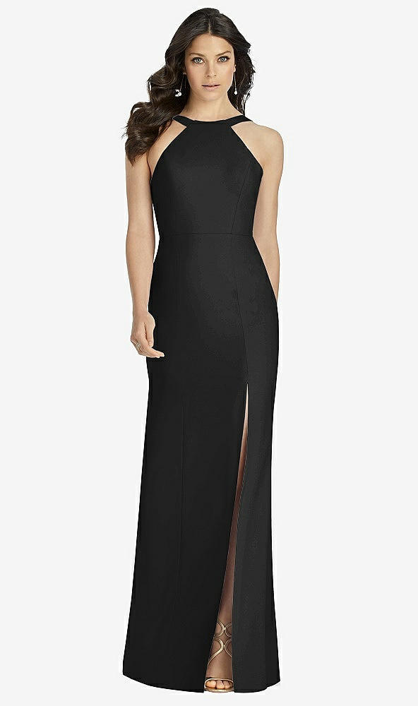 Front View - Black High-Neck Backless Crepe Trumpet Gown