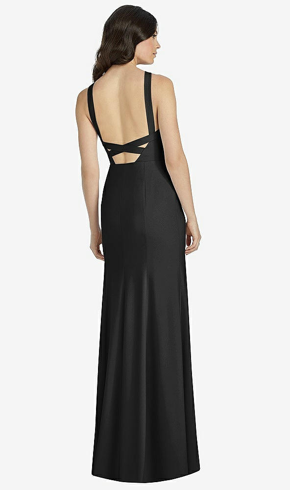 Back View - Black High-Neck Backless Crepe Trumpet Gown