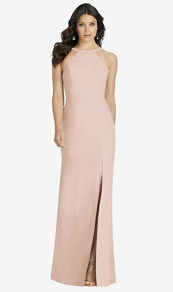 Front View - Cameo High-Neck Backless Crepe Trumpet Gown