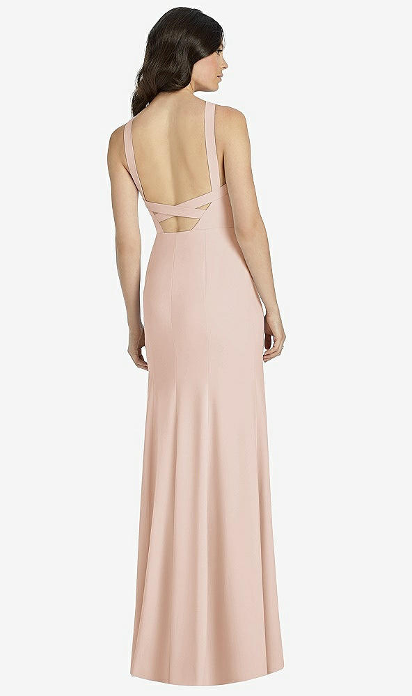 Back View - Cameo High-Neck Backless Crepe Trumpet Gown