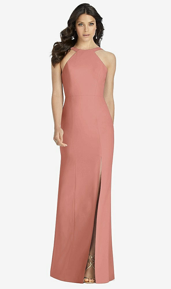 Front View - Desert Rose High-Neck Backless Crepe Trumpet Gown