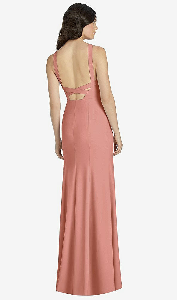 Back View - Desert Rose High-Neck Backless Crepe Trumpet Gown