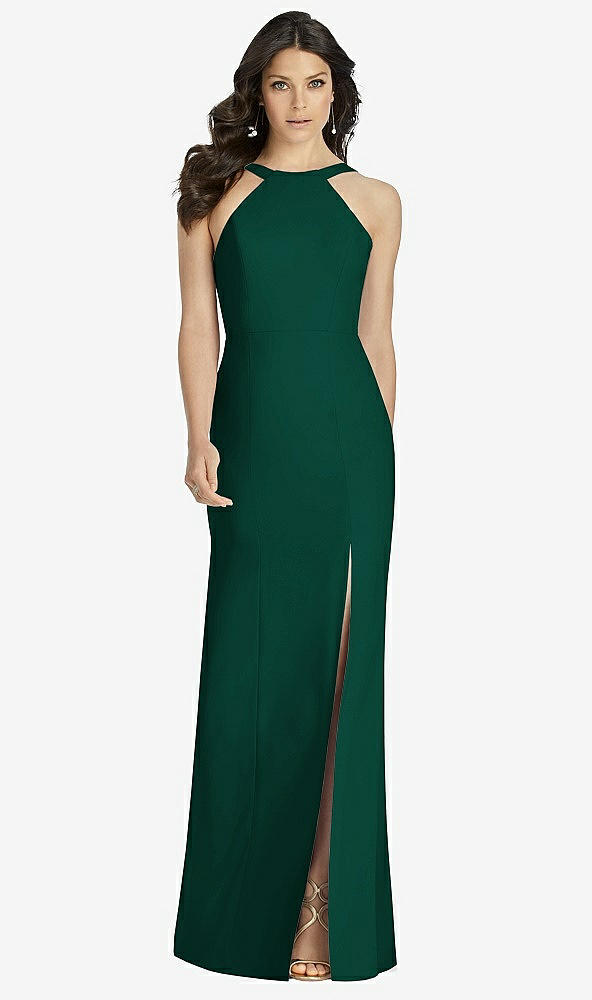 Front View - Hunter Green High-Neck Backless Crepe Trumpet Gown