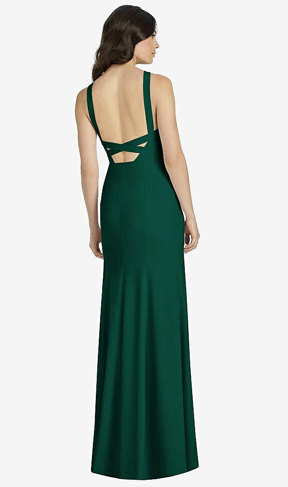 Back View - Hunter Green High-Neck Backless Crepe Trumpet Gown