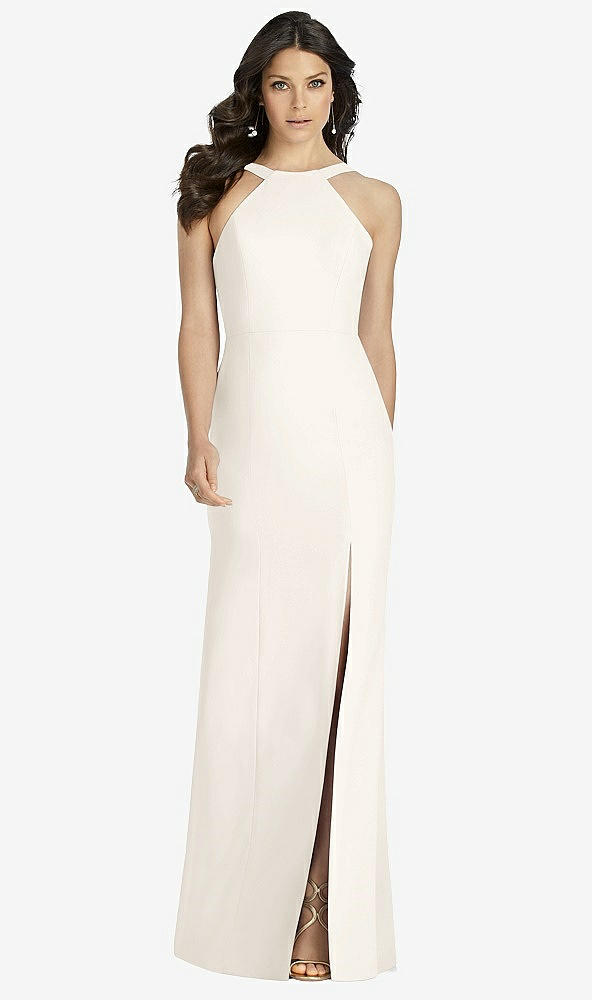 Front View - Ivory High-Neck Backless Crepe Trumpet Gown