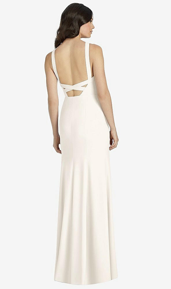 Back View - Ivory High-Neck Backless Crepe Trumpet Gown