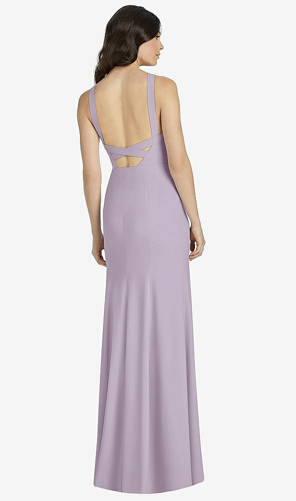 Back View - Lilac Haze High-Neck Backless Crepe Trumpet Gown