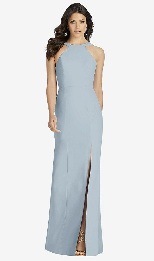 Front View - Mist High-Neck Backless Crepe Trumpet Gown