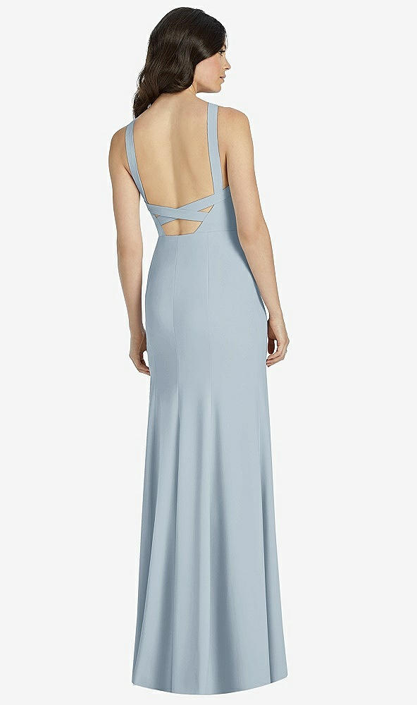 Back View - Mist High-Neck Backless Crepe Trumpet Gown