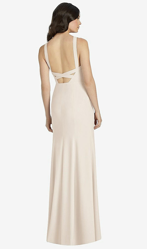 Back View - Oat High-Neck Backless Crepe Trumpet Gown