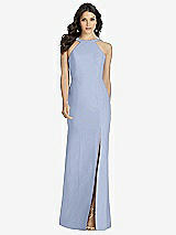Front View Thumbnail - Sky Blue High-Neck Backless Crepe Trumpet Gown
