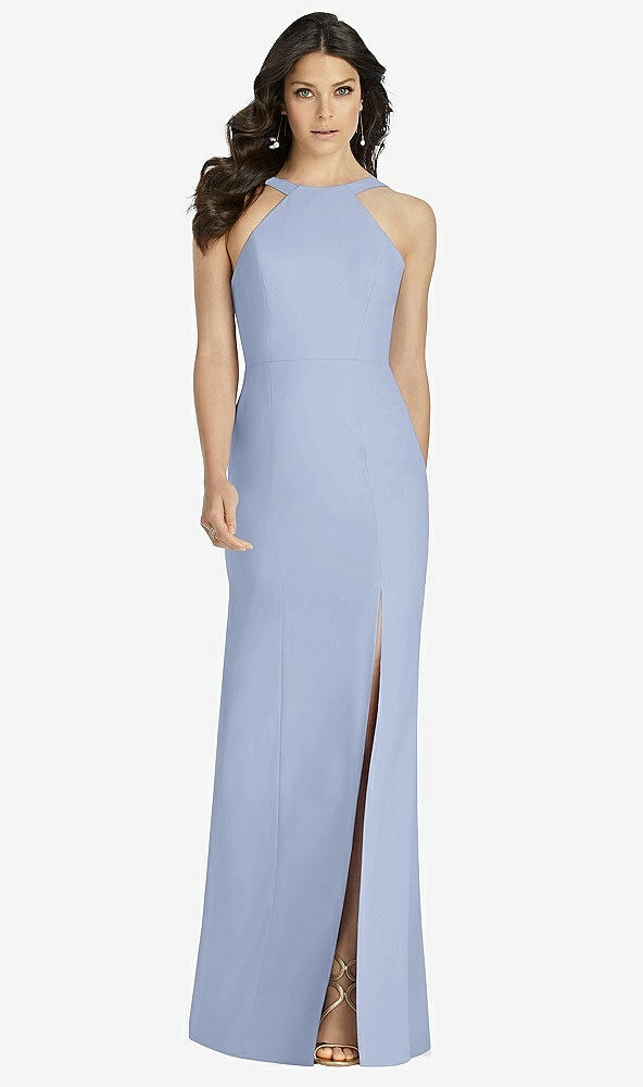 Front View - Sky Blue High-Neck Backless Crepe Trumpet Gown