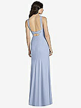 Rear View Thumbnail - Sky Blue High-Neck Backless Crepe Trumpet Gown