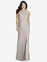 Front View Thumbnail - Taupe High-Neck Backless Crepe Trumpet Gown