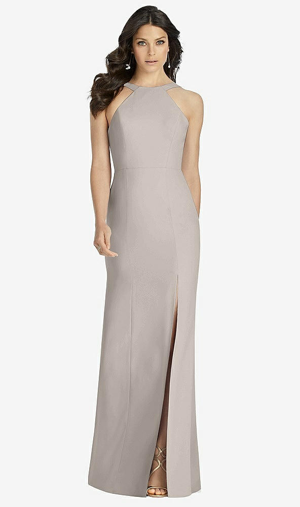 Front View - Taupe High-Neck Backless Crepe Trumpet Gown