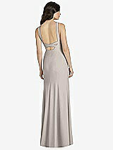Rear View Thumbnail - Taupe High-Neck Backless Crepe Trumpet Gown
